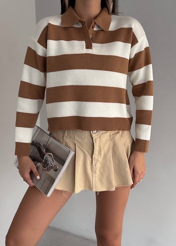 Bej Çizgili Kısa Kadın Sweatshirt - Görsel 2