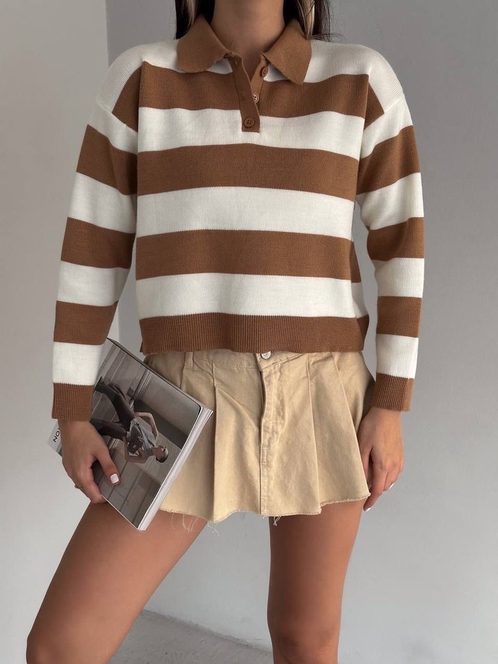 Bej Çizgili Kısa Kadın Sweatshirt - Görsel 2