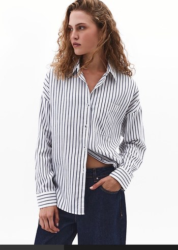 Çizgili Uzun Kollu Kadın Gömlek OXXO - Görsel 2