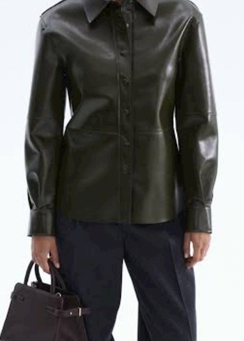 Düğmeli Haki Deri Kadın Ceket - Görsel 3