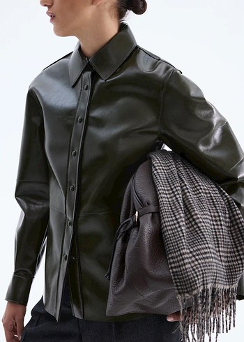 Düğmeli Haki Deri Kadın Ceket - Görsel 2