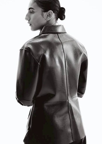 Düğmeli Haki Deri Kadın Ceket - Görsel 4