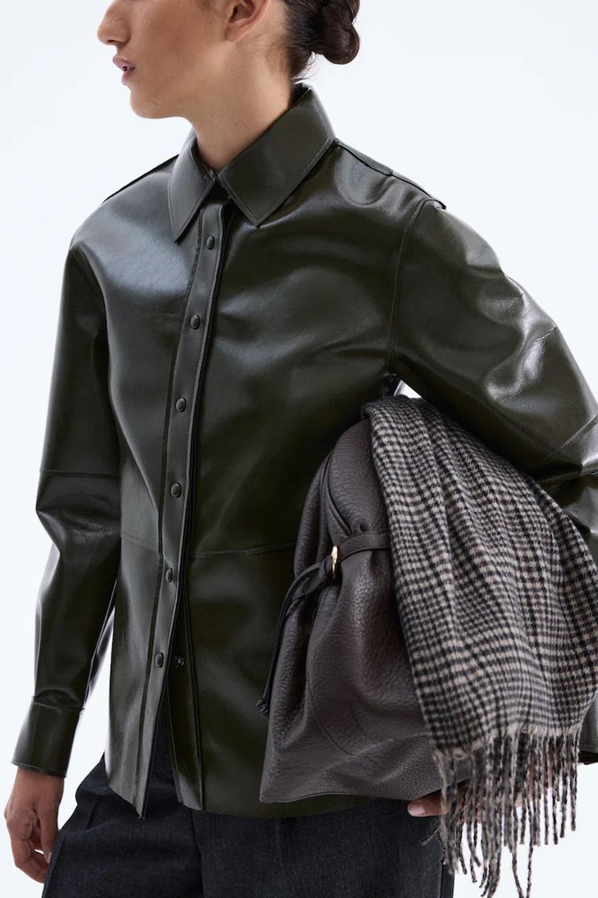 Düğmeli Haki Deri Kadın Ceket - Görsel 2