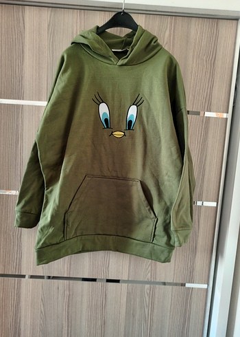 Kadın Haki Kapüşonlu Baskılı Sweatshirt