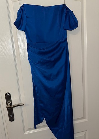 Drapeli Straplez Mavi Midi Abiye Elbise - Görsel 10