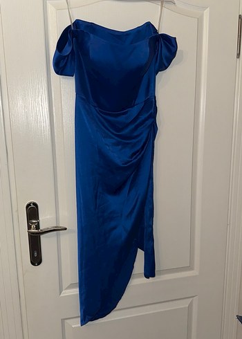 Drapeli Straplez Mavi Midi Abiye Elbise - Görsel 4