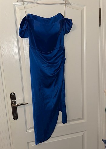 Drapeli Straplez Mavi Midi Abiye Elbise - Görsel 5