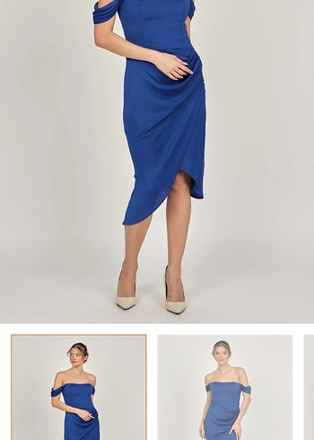 Drapeli Straplez Mavi Midi Abiye Elbise - Görsel 2