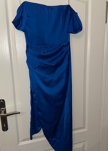 Drapeli Straplez Mavi Midi Abiye Elbise - Görsel 6