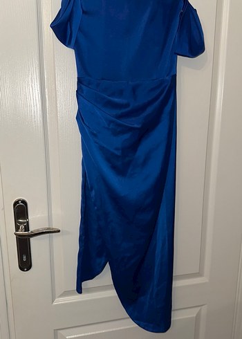 Drapeli Straplez Mavi Midi Abiye Elbise - Görsel 9