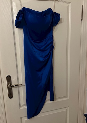 Drapeli Straplez Mavi Midi Abiye Elbise - Görsel 3