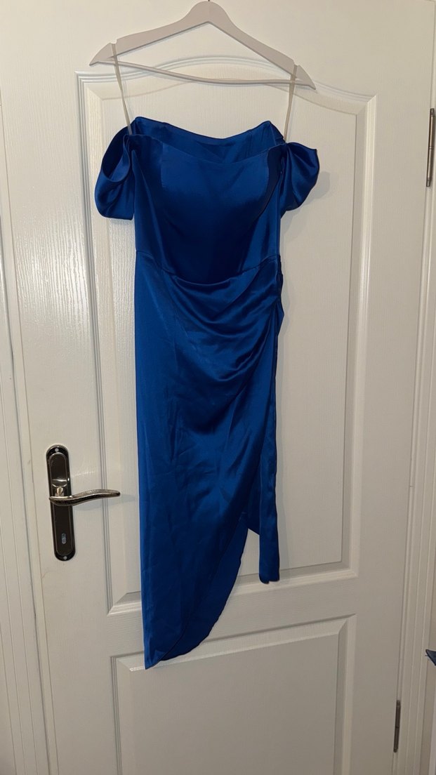 Drapeli Straplez Mavi Midi Abiye Elbise - Görsel 4