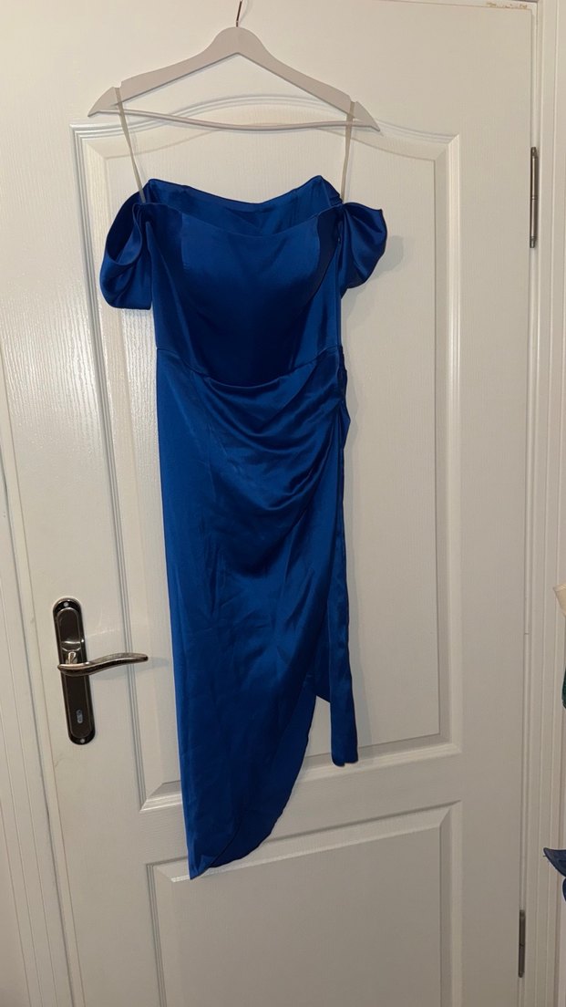 Drapeli Straplez Mavi Midi Abiye Elbise - Görsel 5