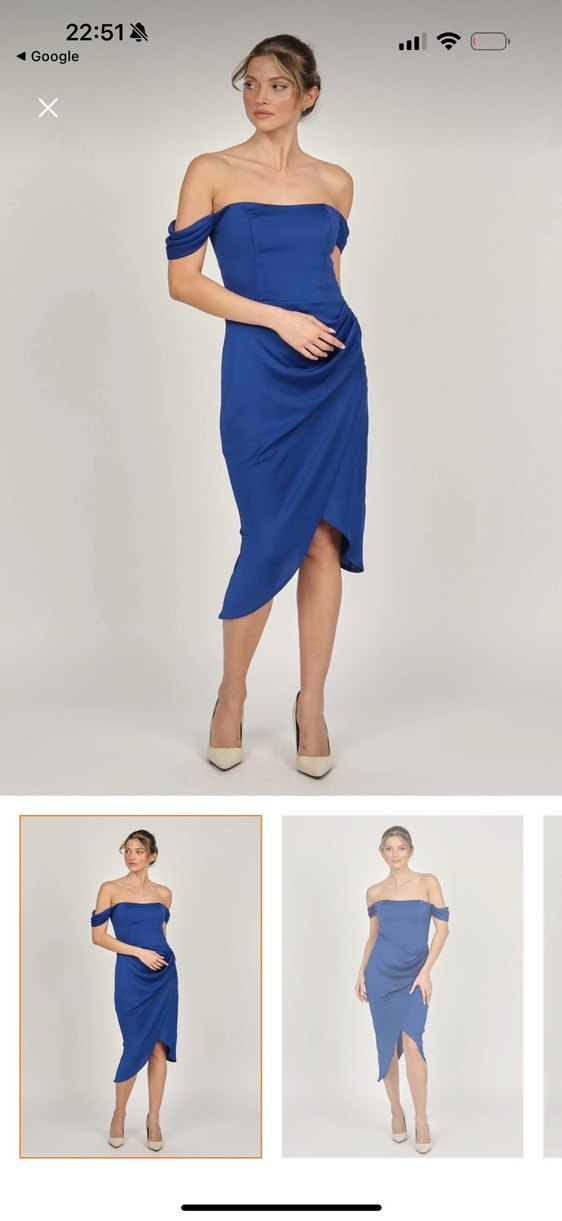 Drapeli Straplez Mavi Midi Abiye Elbise - Görsel 2