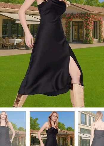 Kadın Siyah Saten Elbise - Görsel 4