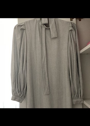 Uzun Gri Keten Drapeli Kadın simli elbise - Görsel 3