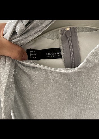 Uzun Gri Keten Drapeli Kadın simli elbise - Görsel 2