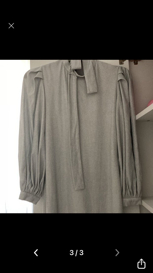 Uzun Gri Keten Drapeli Kadın simli elbise - Görsel 3