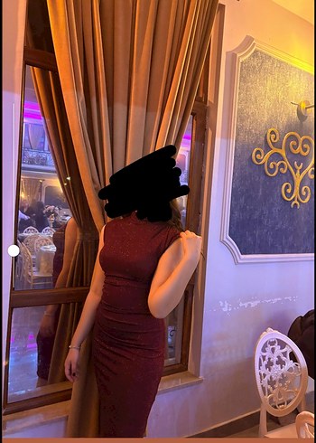 Bordo Parlak Drapeli Uzun Kadın Elbise Abiye - Görsel 3