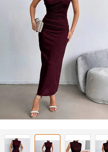 Bordo Parlak Drapeli Uzun Kadın Elbise Abiye - Görsel 2