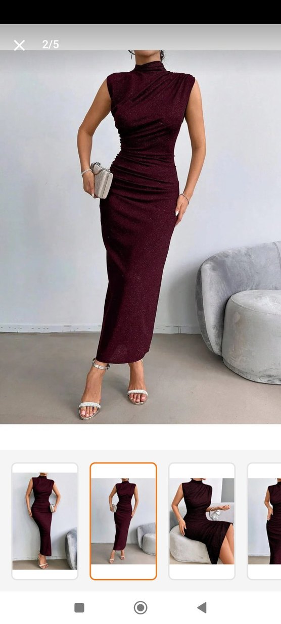 Bordo Parlak Drapeli Uzun Kadın Elbise Abiye - Görsel 2