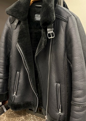 Siyah Kürklü Deri Biker Ceket - Görsel 3