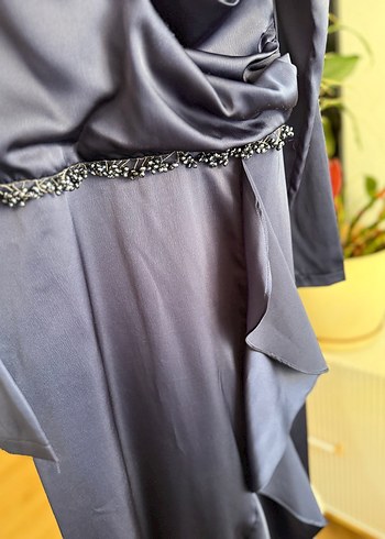 Uzun Lacivert Drape Detaylı Abiye Elbise - Görsel 2