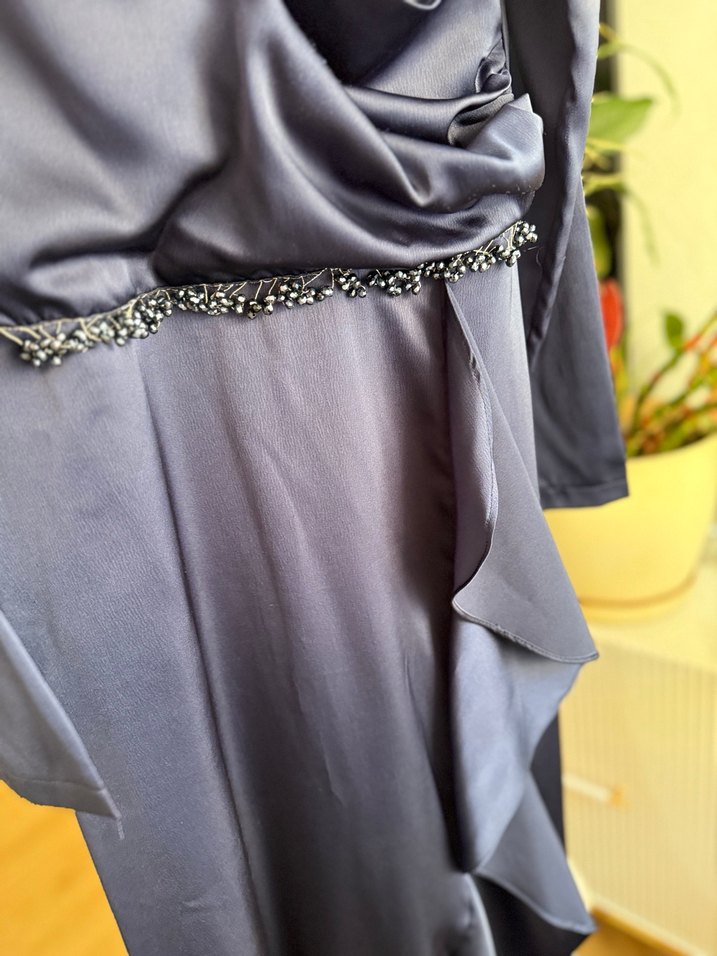 Uzun Lacivert Drape Detaylı Abiye Elbise - Görsel 2