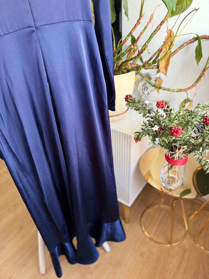 Uzun Lacivert Drape Detaylı Abiye Elbise - Görsel 4