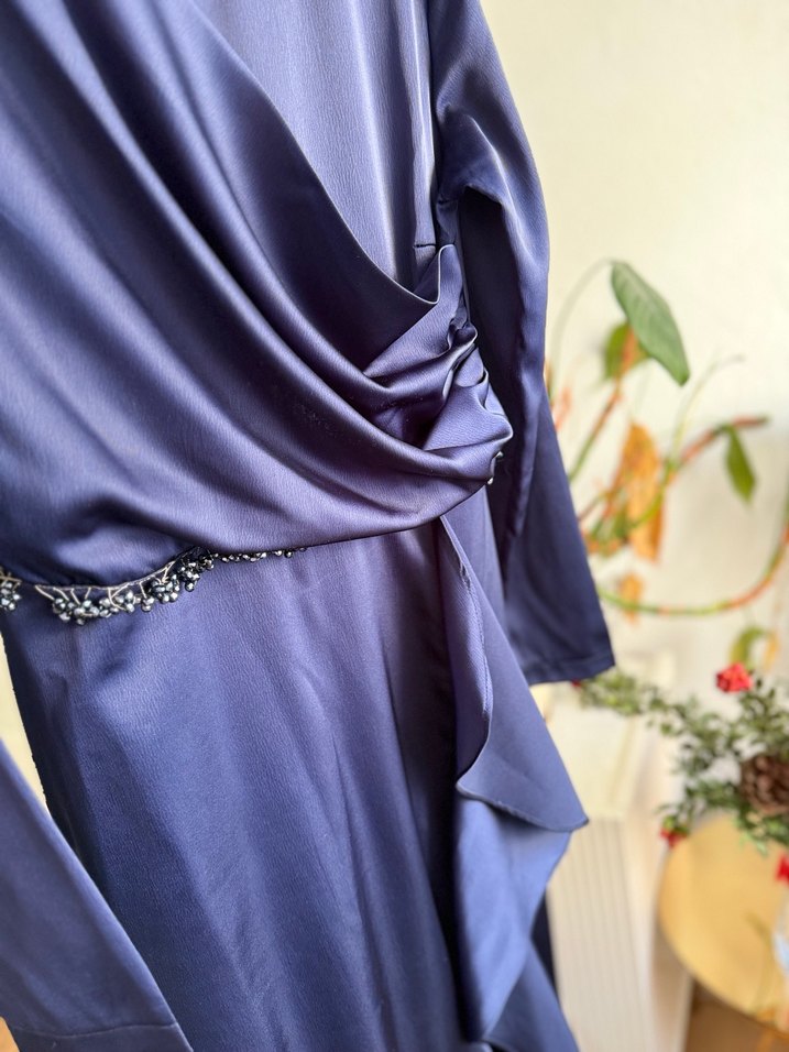 Uzun Lacivert Drape Detaylı Abiye Elbise - Görsel 3