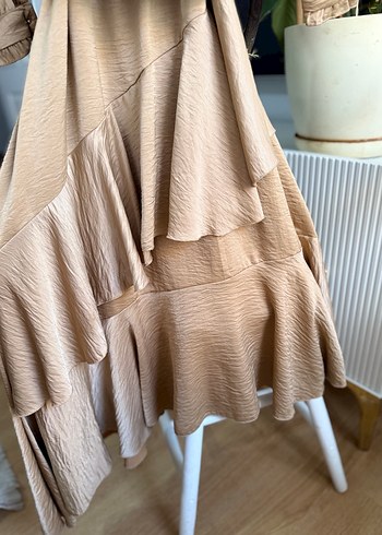 Bej Uzun Kollu Kemerli Kadın Elbise - Görsel 4