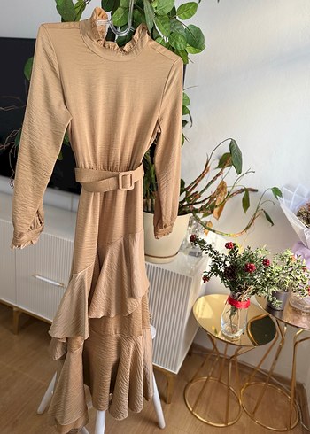 Bej Uzun Kollu Kemerli Kadın Elbise - Görsel 2