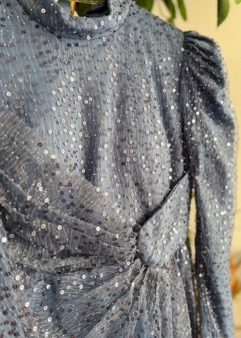 Mavi Uzun Drapeli Abiye Elbise - Görsel 4