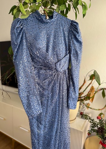 Mavi Uzun Drapeli Abiye Elbise - Görsel 3