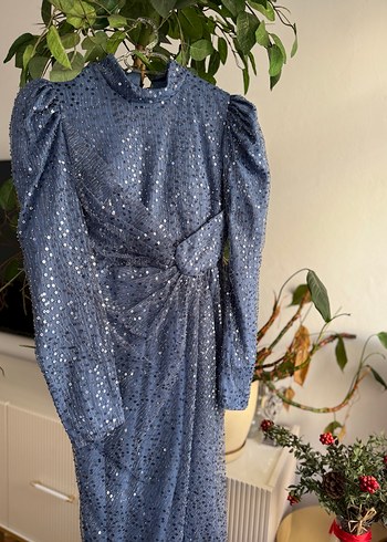 Mavi Uzun Drapeli Abiye Elbise - Görsel 2