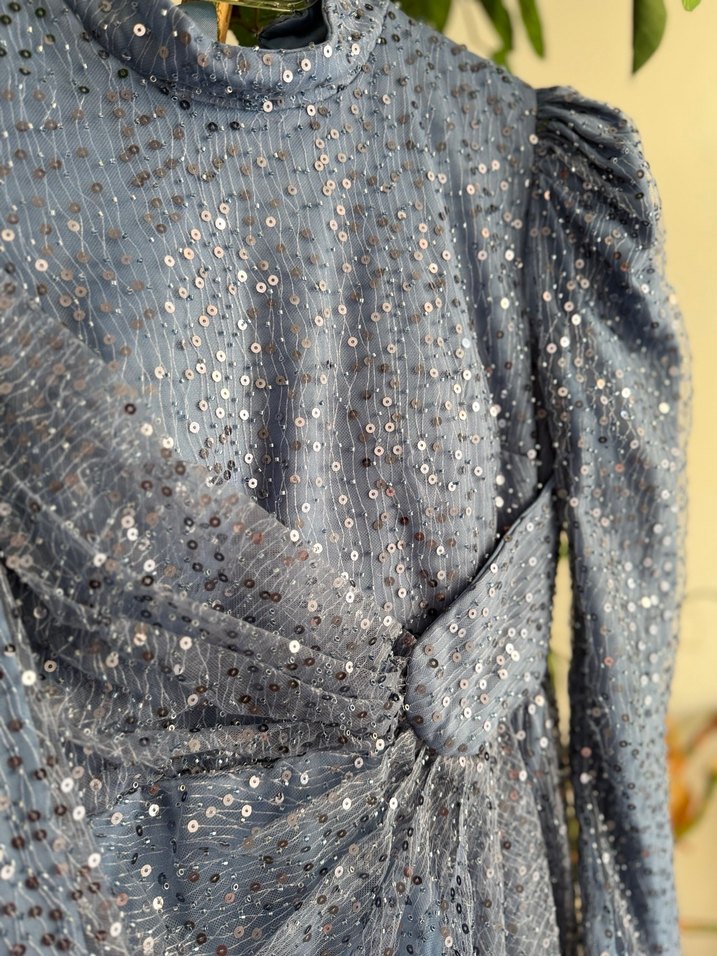 Mavi Uzun Drapeli Abiye Elbise - Görsel 4