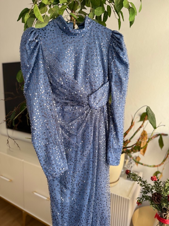 Mavi Uzun Drapeli Abiye Elbise - Görsel 3