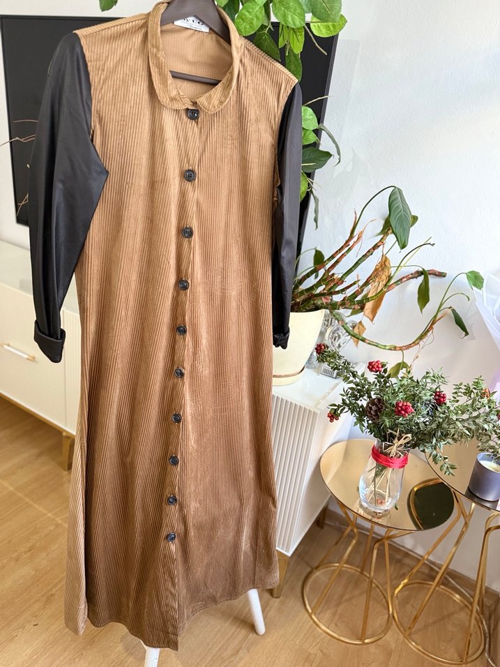 Düğmeli Kahverengi Uzun ceket elbise - Görsel 5