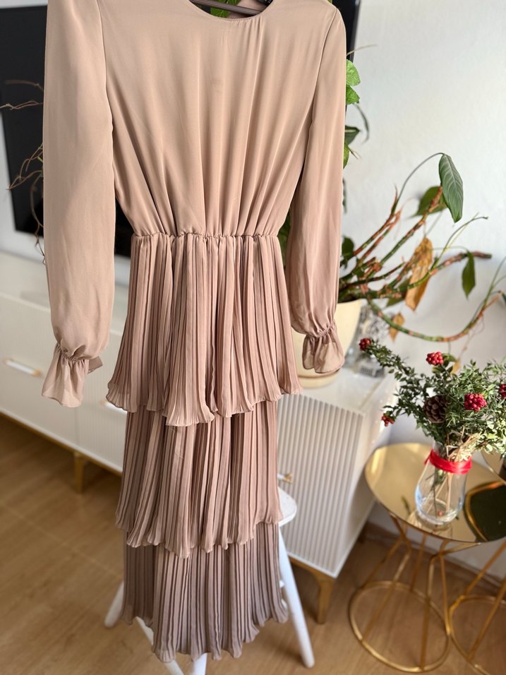 Bej Piliseli Uzun Kadın Elbise - Görsel 3