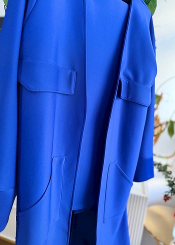 Kadın saks mavisiUzun Kesim Düğmeli ceket pantolon takım - Görsel 2