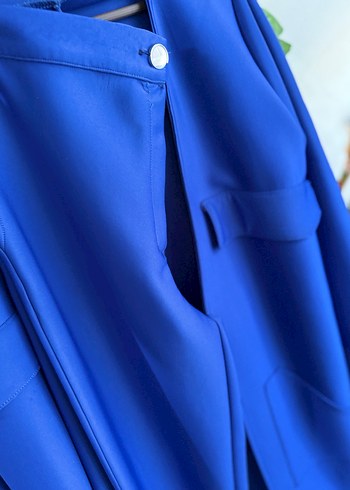 Kadın saks mavisiUzun Kesim Düğmeli ceket pantolon takım - Görsel 5