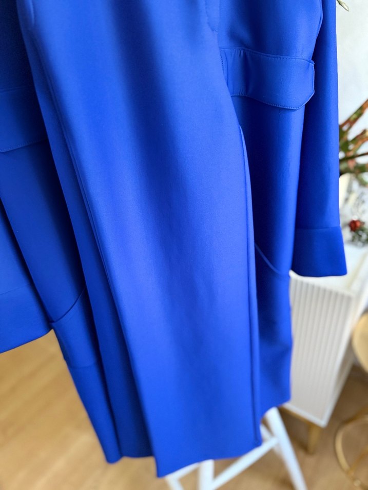 Kadın saks mavisiUzun Kesim Düğmeli ceket pantolon takım - Görsel 4