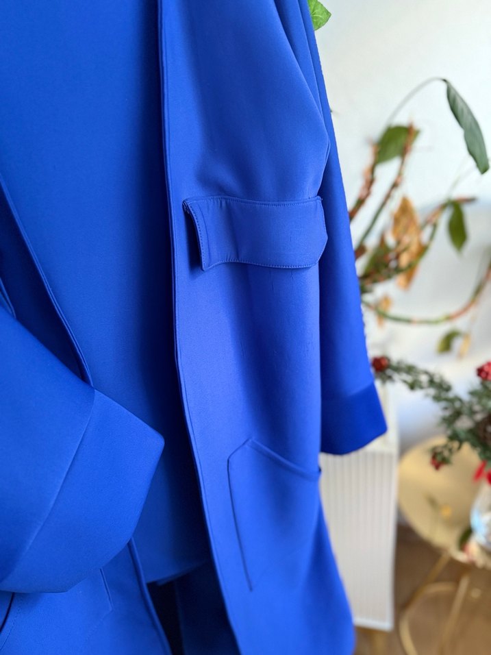 Kadın saks mavisiUzun Kesim Düğmeli ceket pantolon takım - Görsel 3