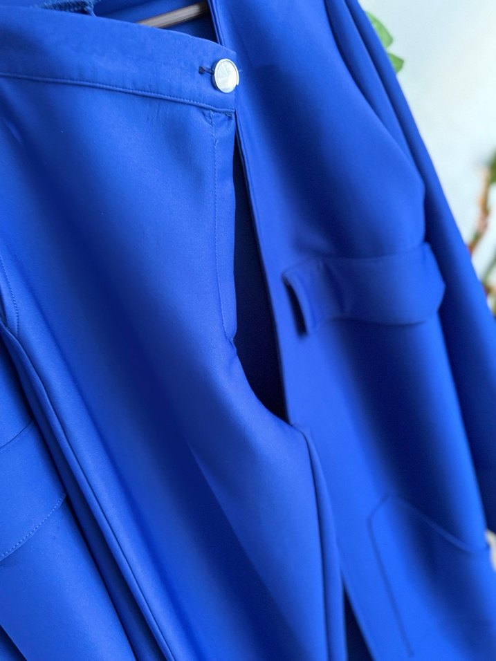 Kadın saks mavisiUzun Kesim Düğmeli ceket pantolon takım - Görsel 5