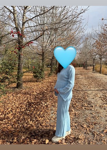 Mavi Yüksek Yakalı Uzun Triko Hamile Elbisesi - Görsel 2