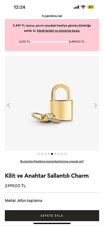 Beden altın Renk PANDORA KILIT VE ANAHTAR CHARM