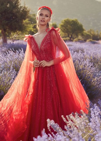 Kırmızı Kına Uzun Abiye Elbise - Görsel 4