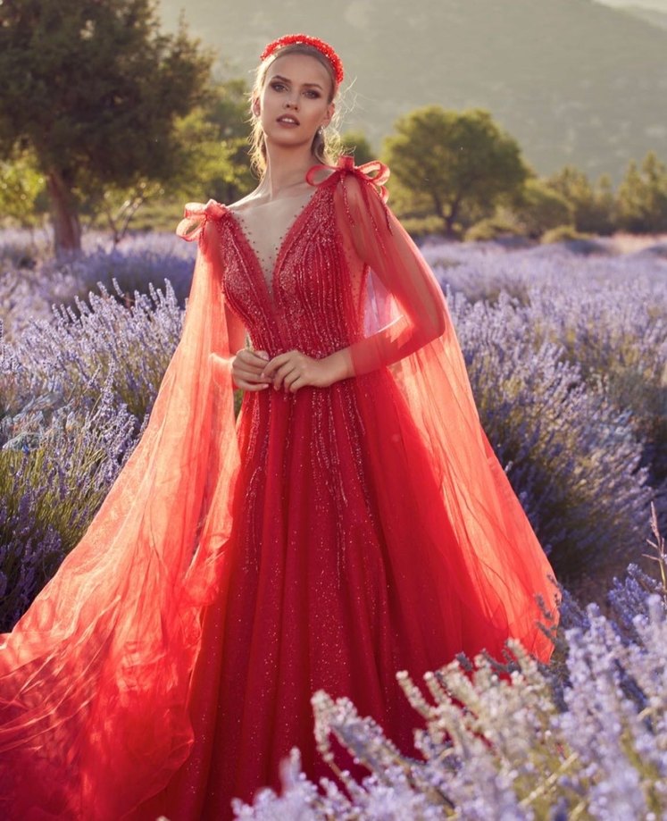 Kırmızı Kına Uzun Abiye Elbise - Görsel 4