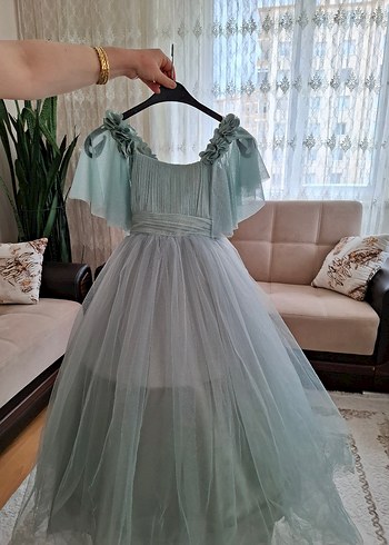 Zara Turkuaz Vintage Drapeli Uzun Abiye Elbise