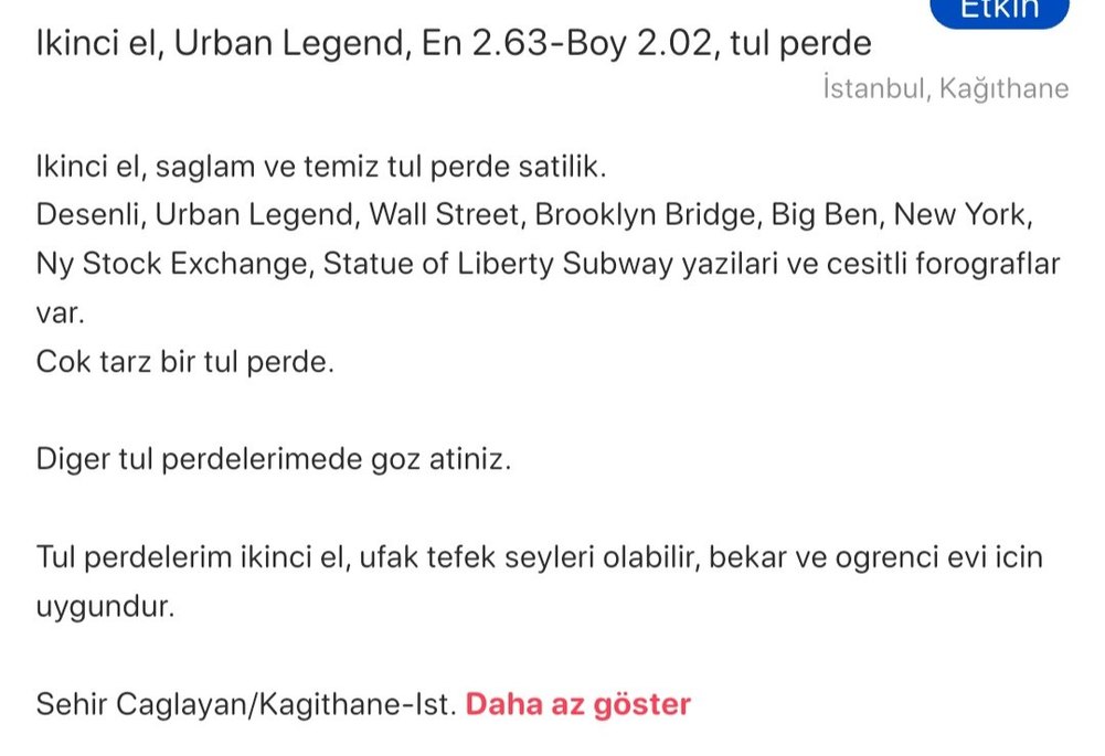 Fiyat dustu! Urban Legend, En 2.63-Boy2.02, tul perde satilik - Görsel 4